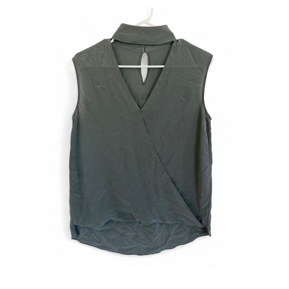 Bailey/44 Womens 100% Silk Grey Green Wrap Blouse Mock Neck Sleeveless Small